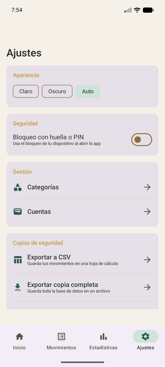 Ajustes con copias de seguridad y bloqueo de la app.