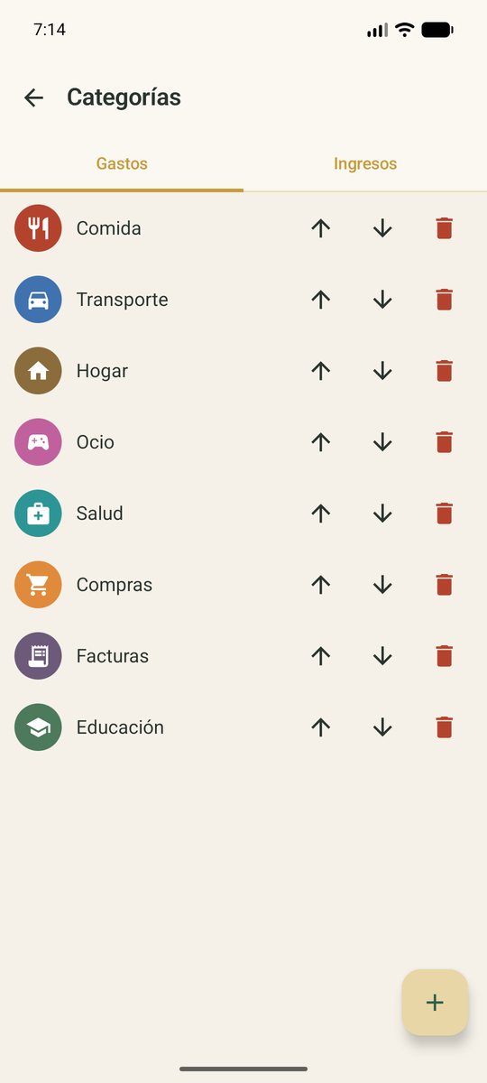 Gestión de categorías con sus iconos y colores.