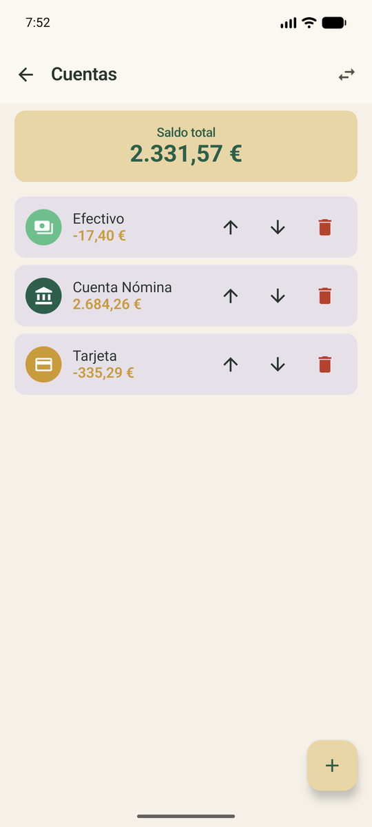 Pantalla de cuentas con el saldo de cada una y el total.