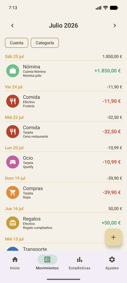 Listado de movimientos agrupados por día.