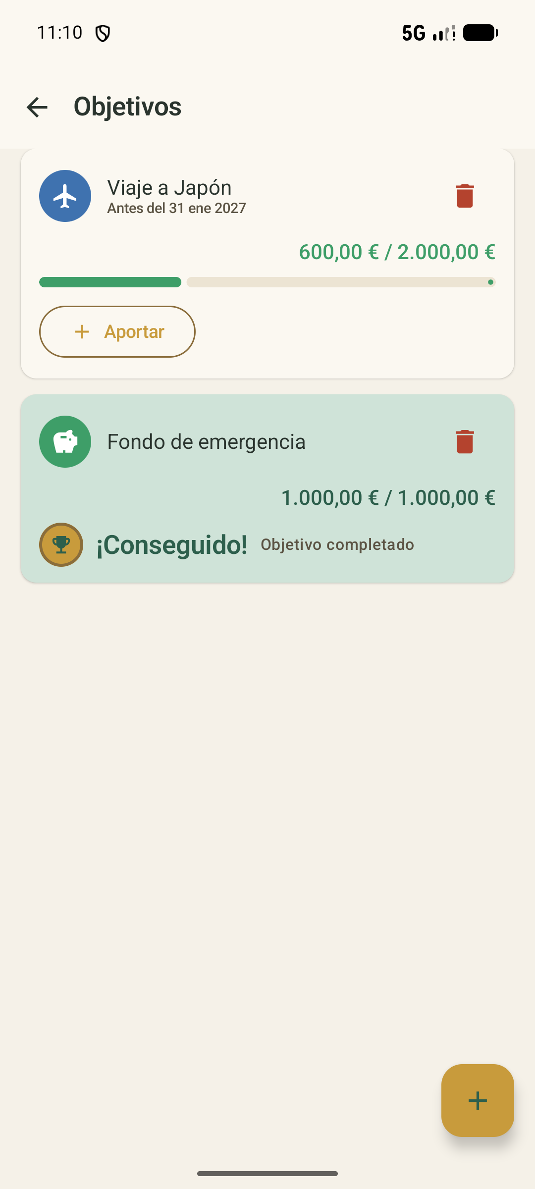 Objetivos de ahorro con su barra de progreso.