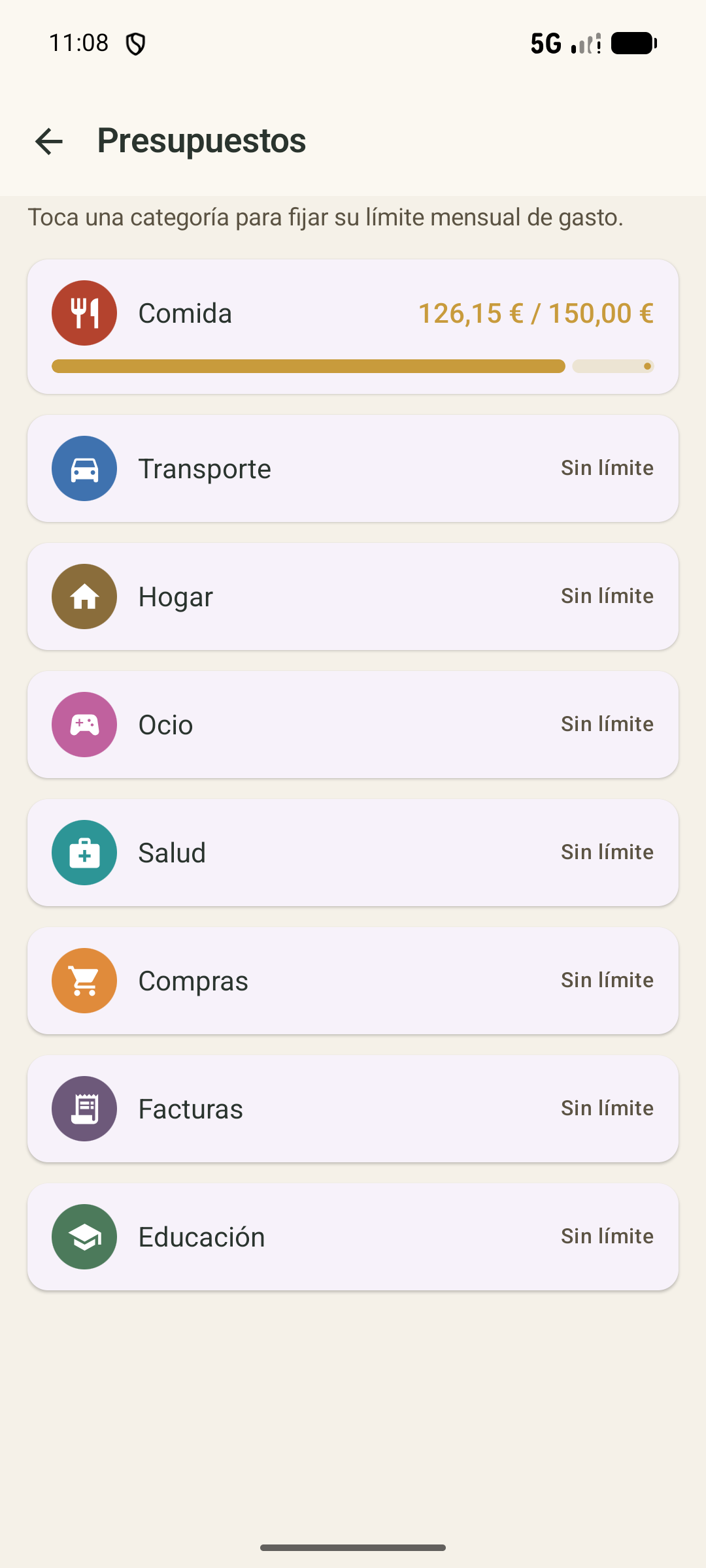 Pantalla de presupuestos con la barra de progreso por categoría.
